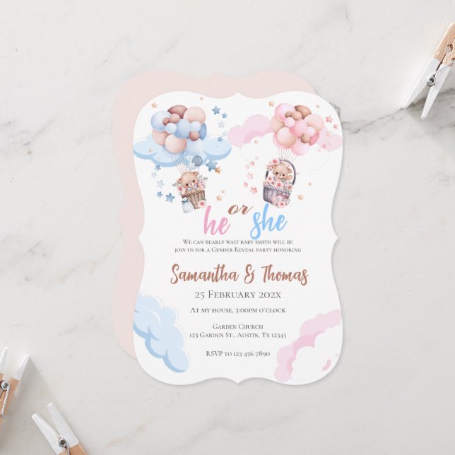 Invitation Lui ou elle Bleu ou rose Genre Reveillez Invitatio (Devant/Arrière en situation)