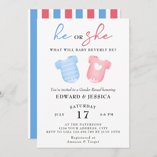 Invitation Lui ou elle Ce qui sera bébé sera bleu rose minima (Devant / Derrière)