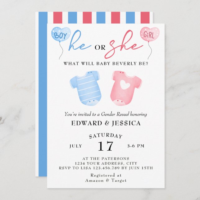 Invitation Lui ou elle Ce qui sera bébé sera bleu rose minima (Devant / Derrière)