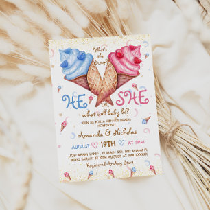 Invitation Lui ou elle Crème glacée rose bleu or Révélation d