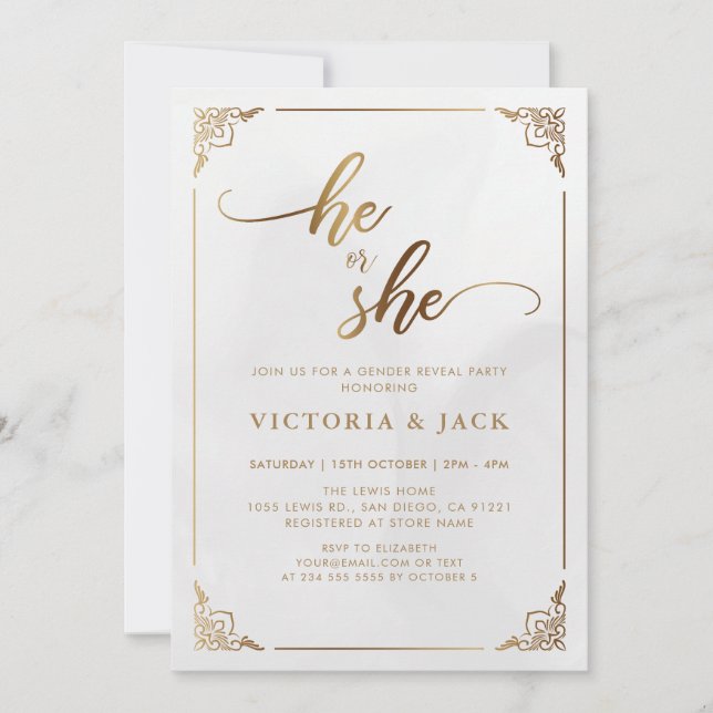 Invitation Lui ou elle Gold Luxury Ornate Baby Revey Genre (Devant)