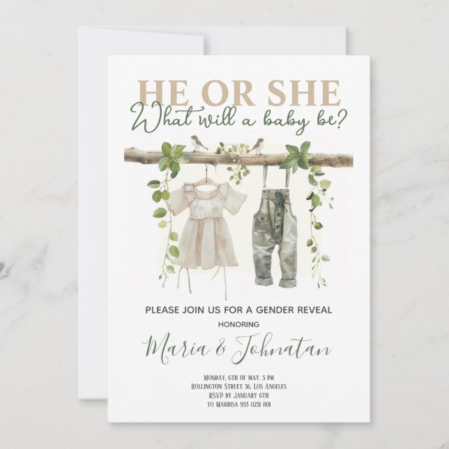 Invitation Lui ou elle Neutral Boho Bébé Vêtements Sexe Révél (Devant)