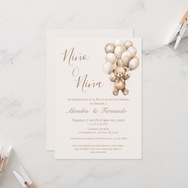 Invitation Lui ou elle Teddy Bear avec des ballons Révélation (Devant/Arrière en situation)