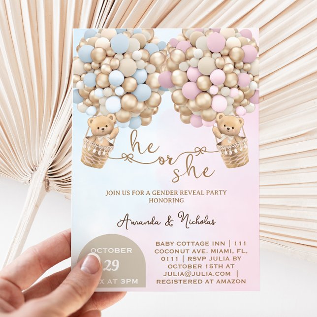 Invitation Lui ou elle Teddy Bear avec des ballons Révélation (Créateur téléchargé)