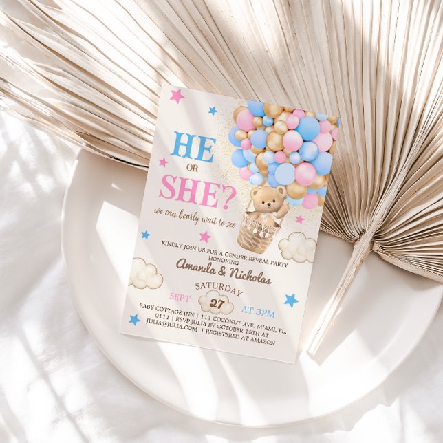 Invitation Lui ou elle Teddy Bear Hot Air Balloon Genre Révél (Créateur téléchargé)