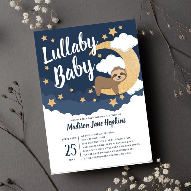 Invitation Lullaby Baby Sloth Moon Baby shower (Créateur téléchargé)