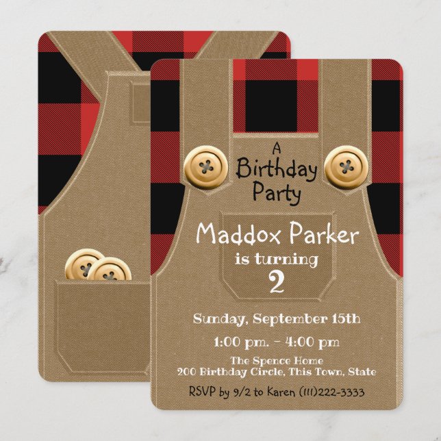 Invitation Lumber Jack Overalls fête d'anniversaire (Devant / Derrière)