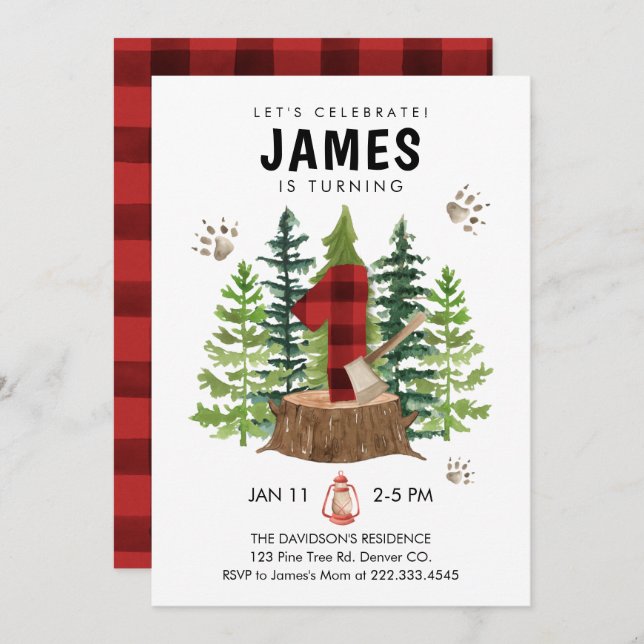 Invitation Lumberjack 1er anniversaire Buffalo Plaid Invitati (Devant / Derrière)