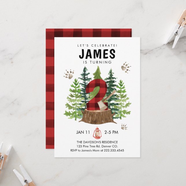 Invitation Lumberjack 2e anniversaire Buffalo Plaid Invitatio (Devant/Arrière en situation)