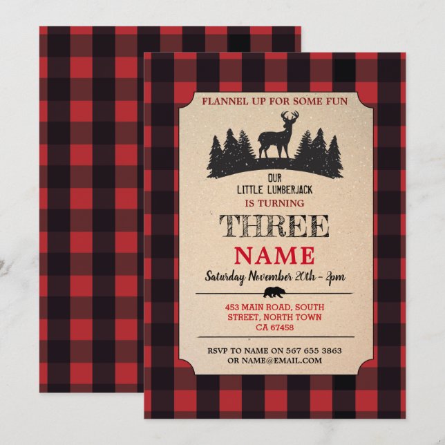 Invitation Lumberjack Anniversaire N'IMPORTE QUEL ÂGE Red Fla (Devant / Derrière)
