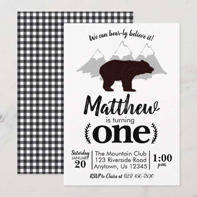 Invitation Lumberjack Boy Bear Premier anniversaire (Devant / Derrière)
