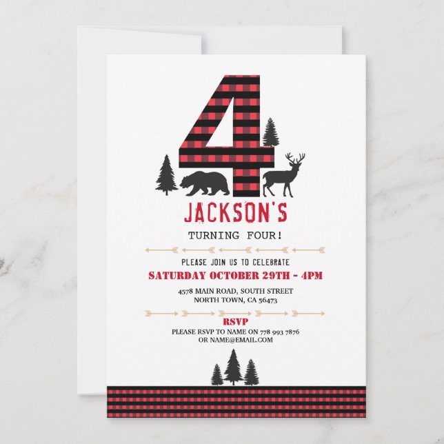 Invitation Lumberjack Flannel 4e 4 Anniversaire Fête Invitati (Devant)