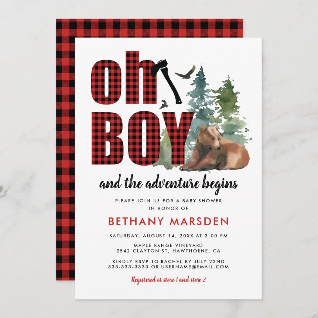 Invitation Lumberjack Flannel ours Baby shower garçon (Devant / Derrière)
