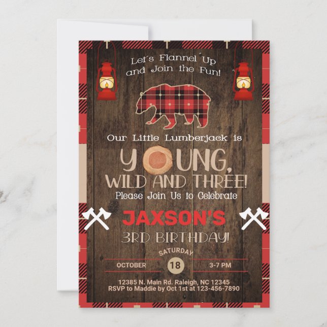 Invitation Lumberjack garçon 3ème anniversaire invitation. (Devant)