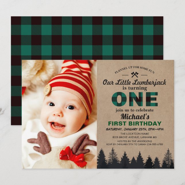 Invitation Lumberjack Green Plaid First Birthday Baby Photo (Devant / Derrière)