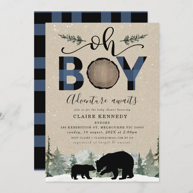 Invitation Lumberjack Navy Flannel Kraft Oh Boy Baby shower (Devant / Derrière)