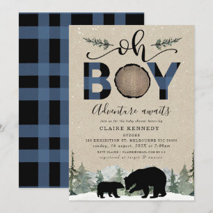 Invitation Lumberjack Navy Flannel Kraft Oh Boy Baby shower