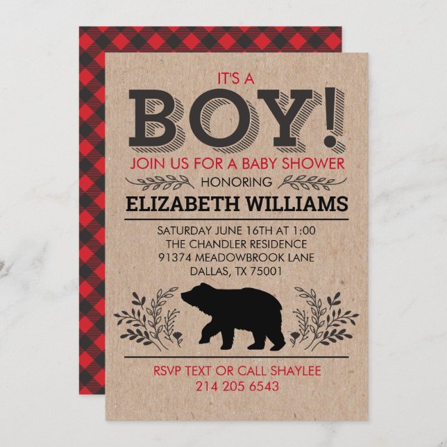 Invitation Lumberjack ours Flannel Rustic Boy Baby shower (Devant / Derrière)