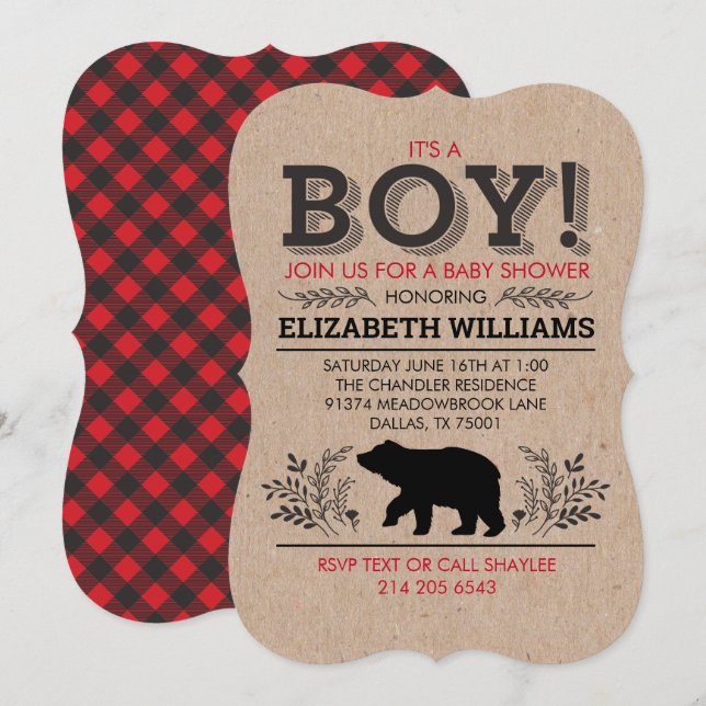 Invitation Lumberjack ours Flannel Rustic Boy Baby shower Inv (Devant / Derrière)