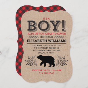 Invitation Lumberjack ours Flannel Rustic Boy Baby shower Inv