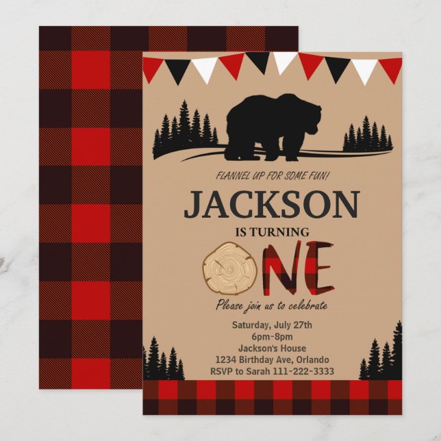 Invitation Lumberjack Ours Rustique 1er anniversaire Invitati (Devant / Derrière)