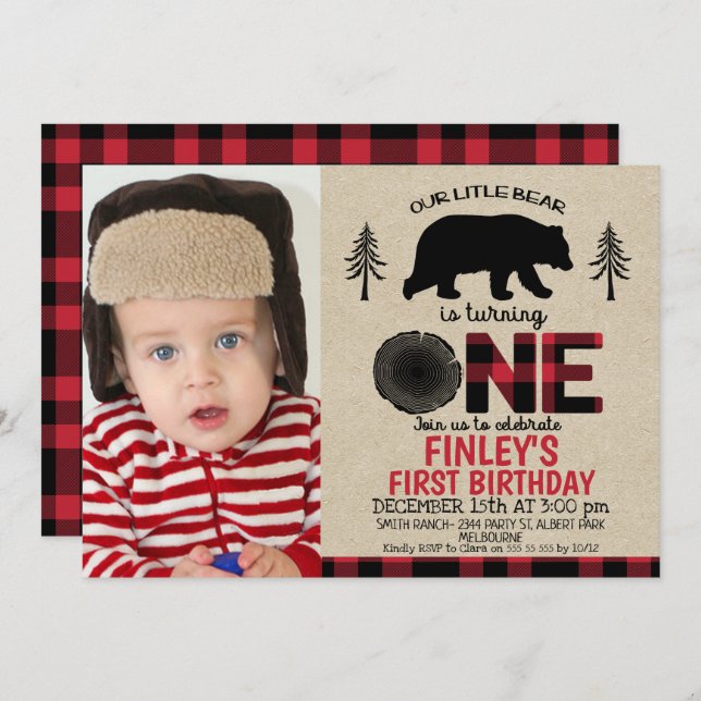 Invitation Lumberjack petit ours Photo 1er anniversaire Invit (Devant / Derrière)