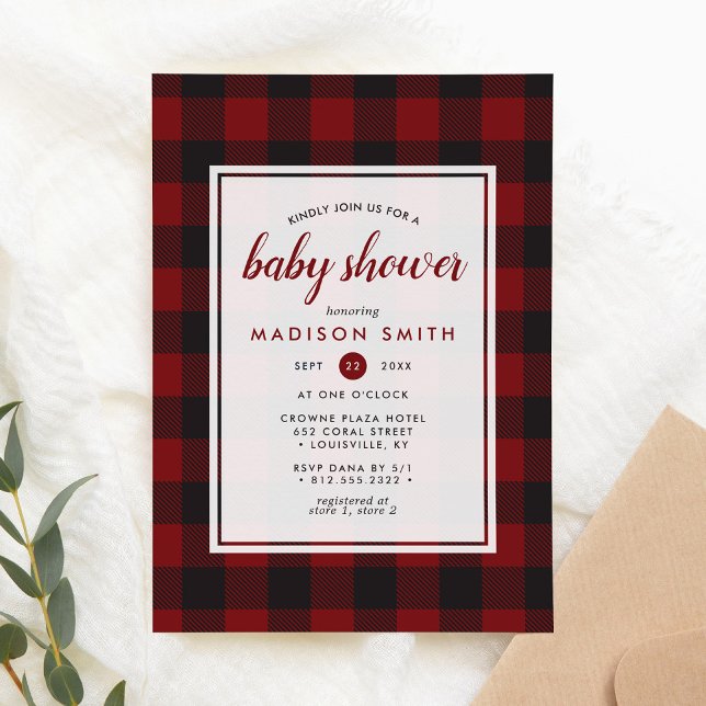 Invitation Lumberjack Plaid Red Black Rustique Baby shower (Créateur téléchargé)