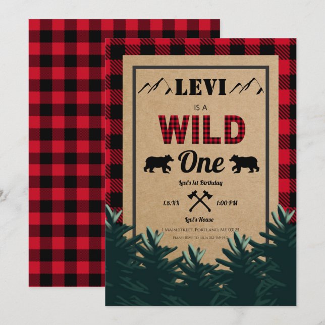Invitation Lumberjack premier anniversaire, Wild One Invitati (Devant / Derrière)