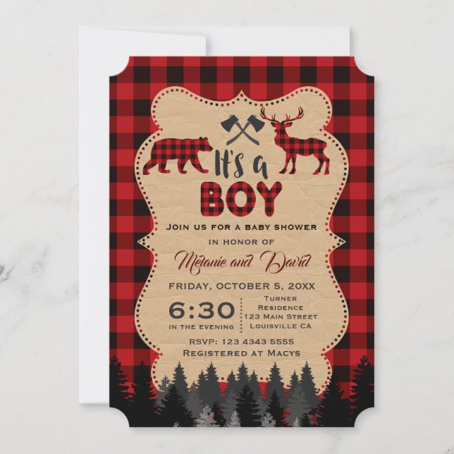 Invitation Lumberjack Red Buffalo Little Boy Baby shower (Devant)