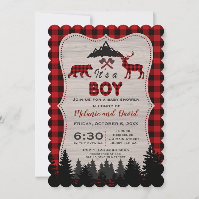 Invitation Lumberjack Red Buffalo Old Washed Grange Baby show (Devant)