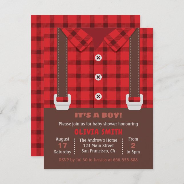 Invitation Lumberjack Rouge Buffalo Plaid Baby Boy Douche (Devant / Derrière)
