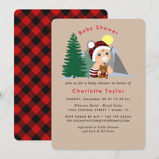 Invitation Lumberjack Rouge Noir Plaid Baby shower mou (Devant / Derrière)