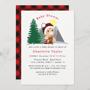 Invitation Lumberjack Rouge Noir Plaid Baby shower mou