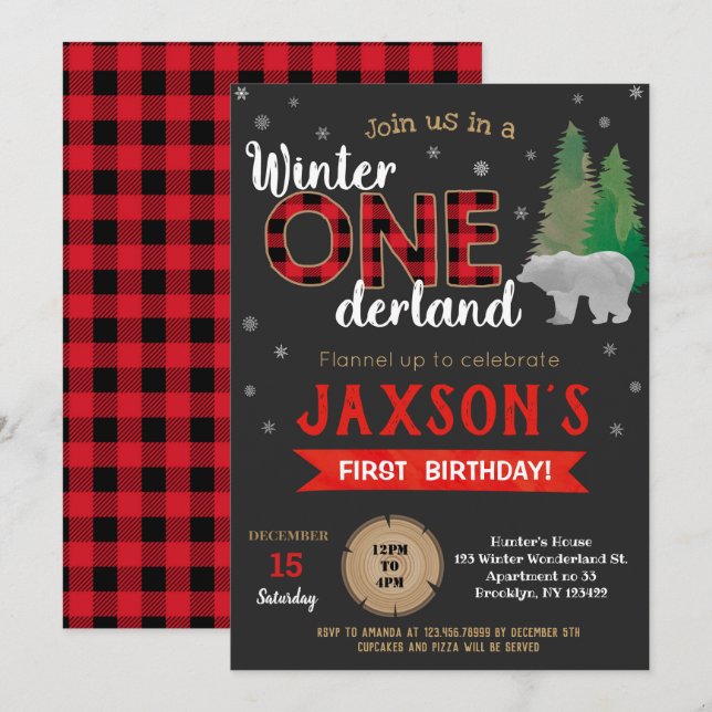 Invitation Lumberjack Winter Onederland Anniversaire Invitati (Devant / Derrière)