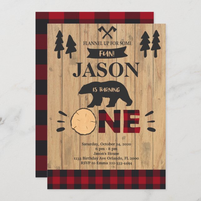 Invitation Lumberjack Woodland Boy 1er Anniversaire Invitatio (Devant / Derrière)