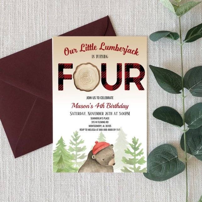 Invitation Lumberjack Woodland Forest Bear 4e fête d'annivers (Créateur téléchargé)