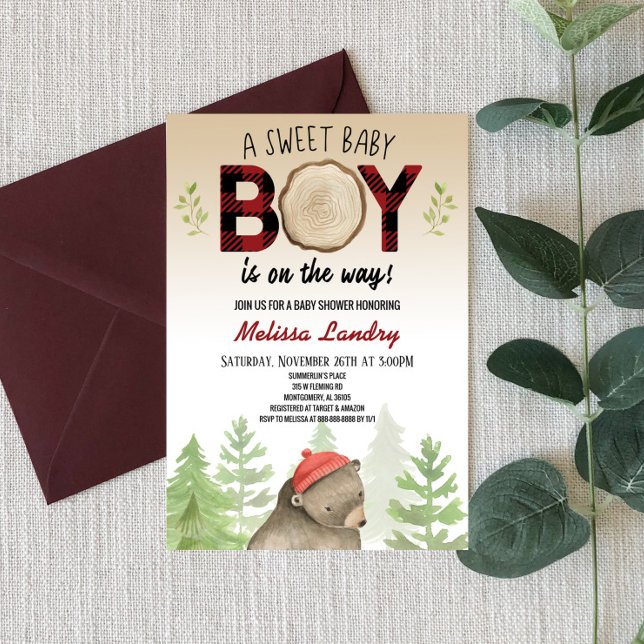 Invitation Lumberjack Woodland Forest Bear Baby shower garçon (Créateur téléchargé)