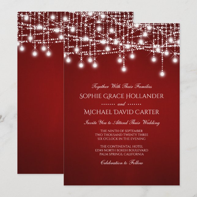 Invitation Lumière à corde blanche sur rouge (Devant / Derrière)
