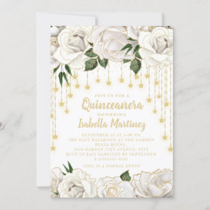 Invitation Lumière à cordes dorées avec roses blanches et éto