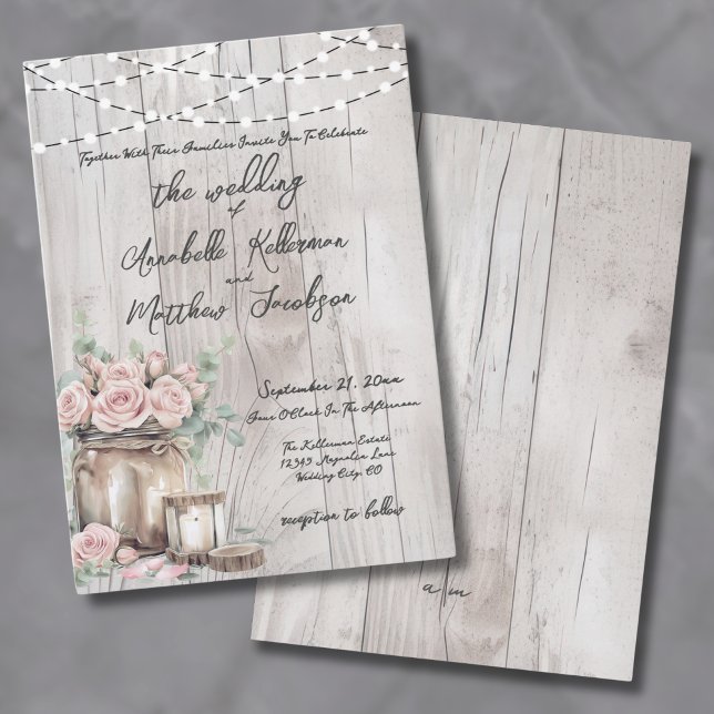 Invitation Lumière à cordes en bois rustique Roses Mariage ch (Rustic Wood String Light Roses Country Wedding Invitation)