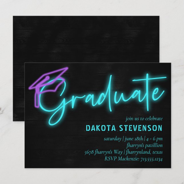 Invitation Lumière bleu néon | Graduation moderne rétro (Devant / Derrière)