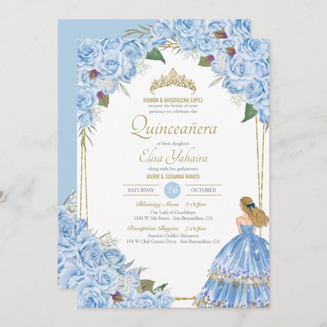Invitation Lumière bleu Quinceanera Élégante robe Rose Floral (Devant / Derrière)