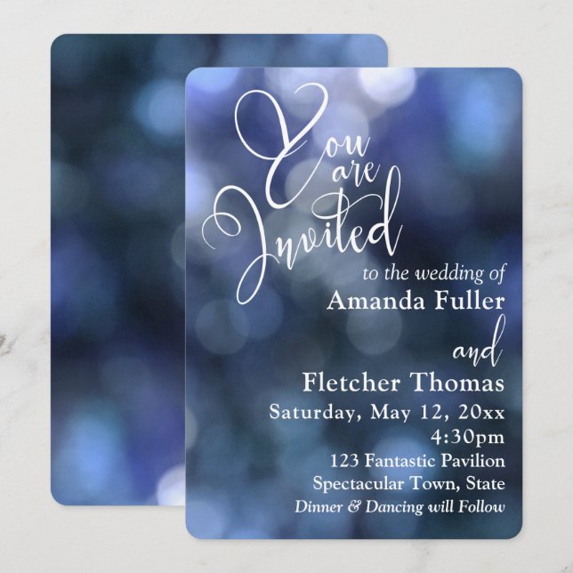Invitation Lumière Bokeh Bleue & Typographie 32 Mariage 1 (Devant / Derrière)