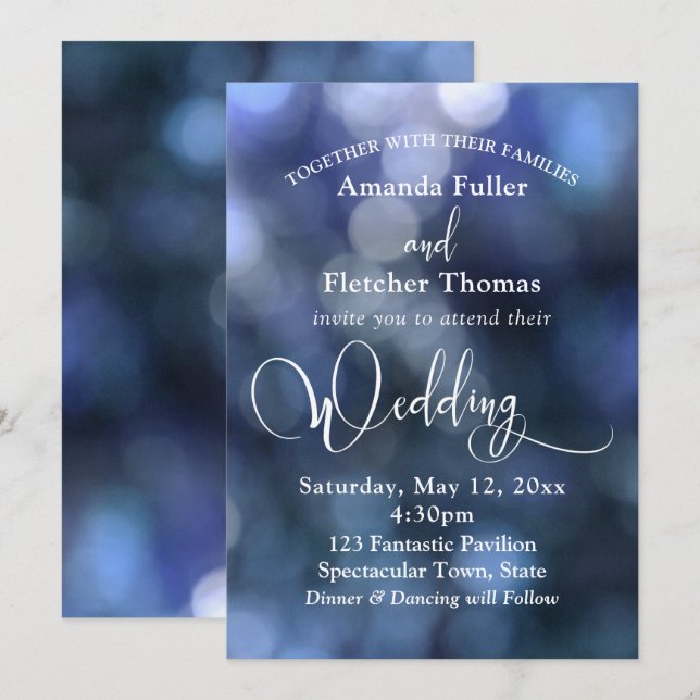 Invitation Lumière Bokeh Bleue & Typographie 32 Mariage 3 (Devant / Derrière)