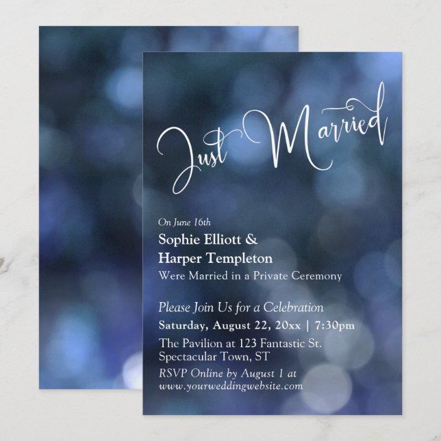 Invitation Lumière Bokeh Bleue & Typographie "Juste Mariés" (Devant / Derrière)