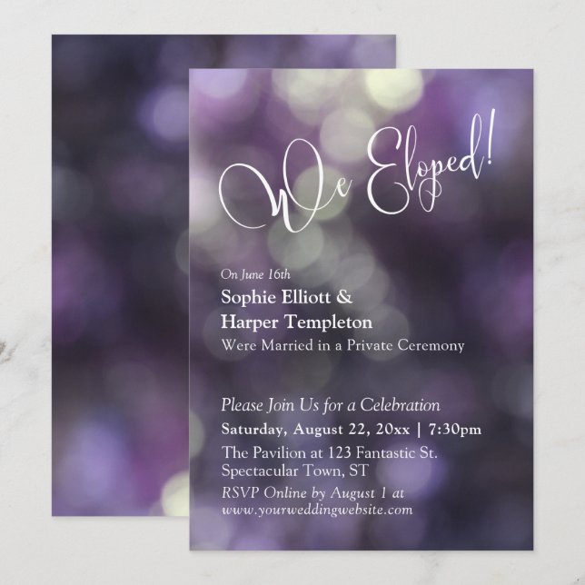 Invitation Lumière Bokeh Violette & Typographie "Nous nous so (Devant / Derrière)