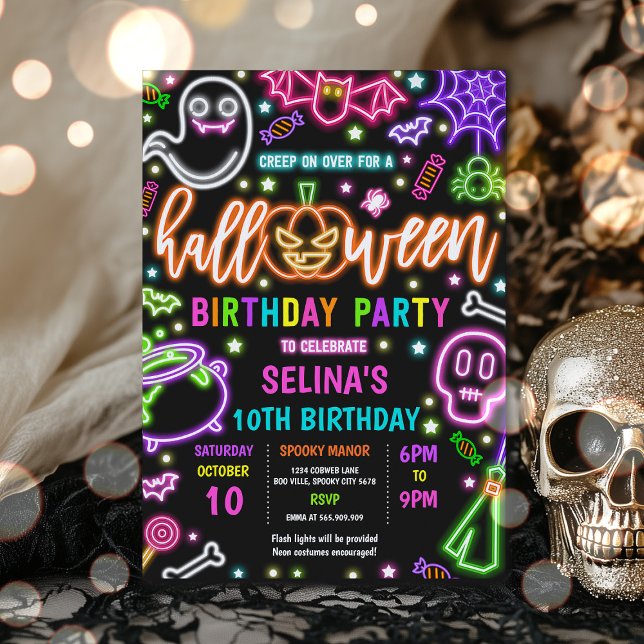 Invitation Lumière Dans Le Neon Noir Halloween Fête Anniversa (Créateur téléchargé)