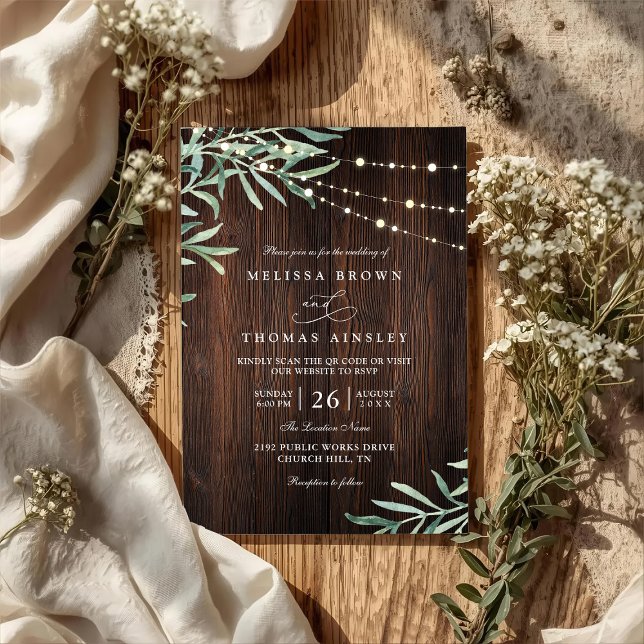 Invitation Lumière de Chaîne Rustique en Bois Mariage Code QR (Créateur téléchargé)