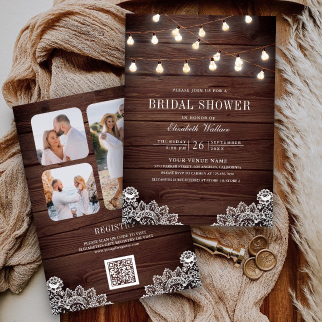 Invitation Lumière de corde de dentelle de bois Code QR Fête  (Créateur téléchargé)
