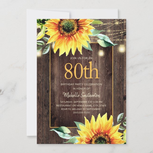 Invitation Lumière de corde de tournesol rustique 80e anniver (Devant)